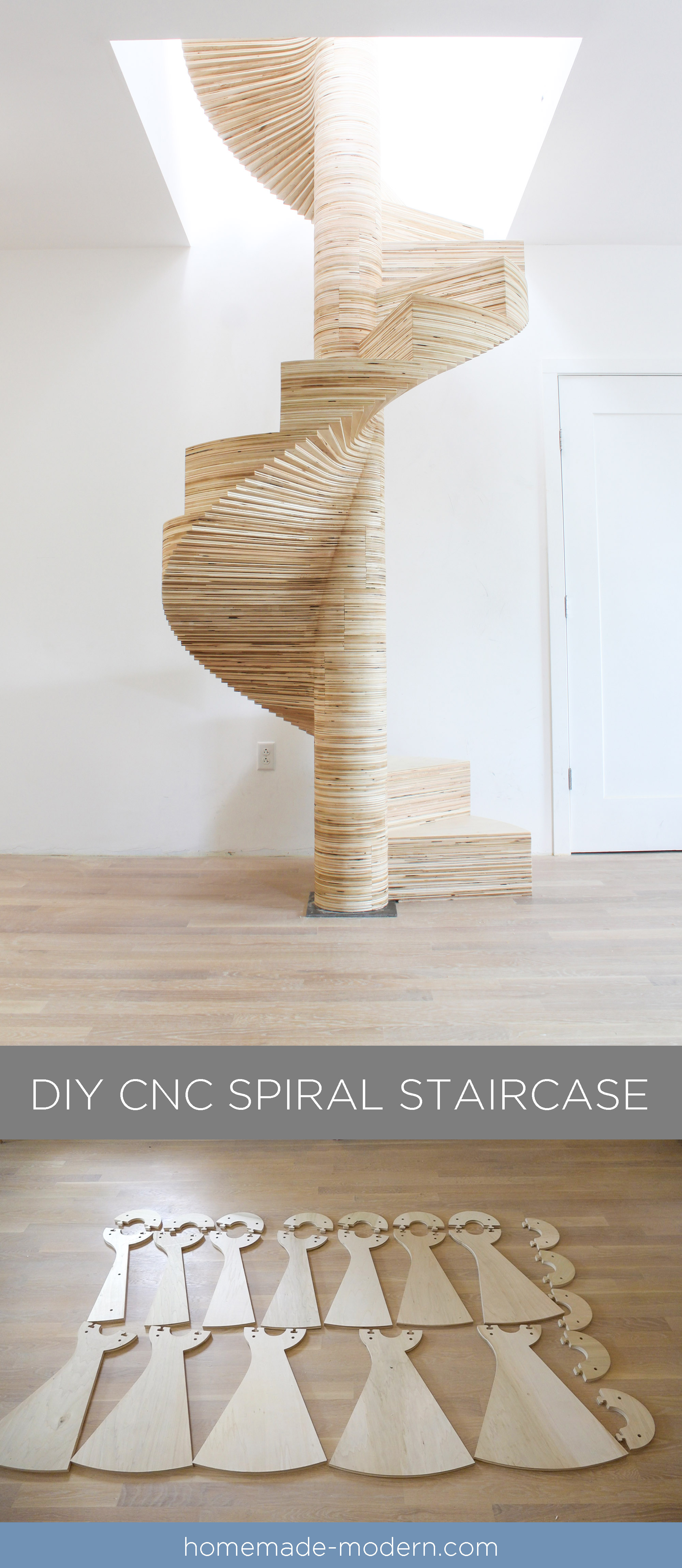 This CNCed Spiral staircase was made using the X-Carve by Inventables.com and is made from Â¾â thick furniture grade plywood. For more information go to HomeMade-Modern.com