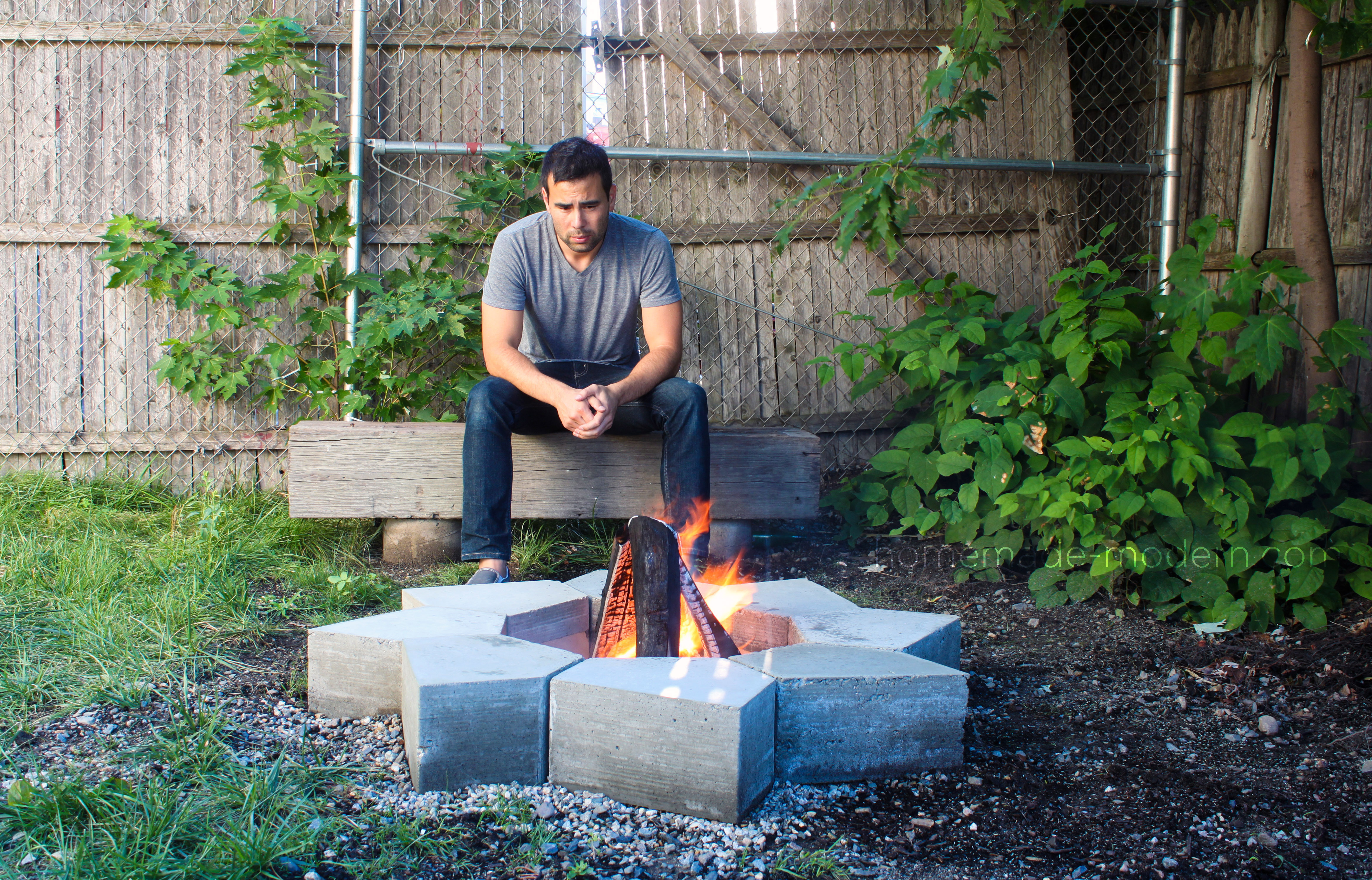 This modular modern concrete fire pit was made from Quikrete 5000 and cost less than $120 to build. The forms for the pieces were made with a small CNC machine. For more information go to HomeMade-Modern.com