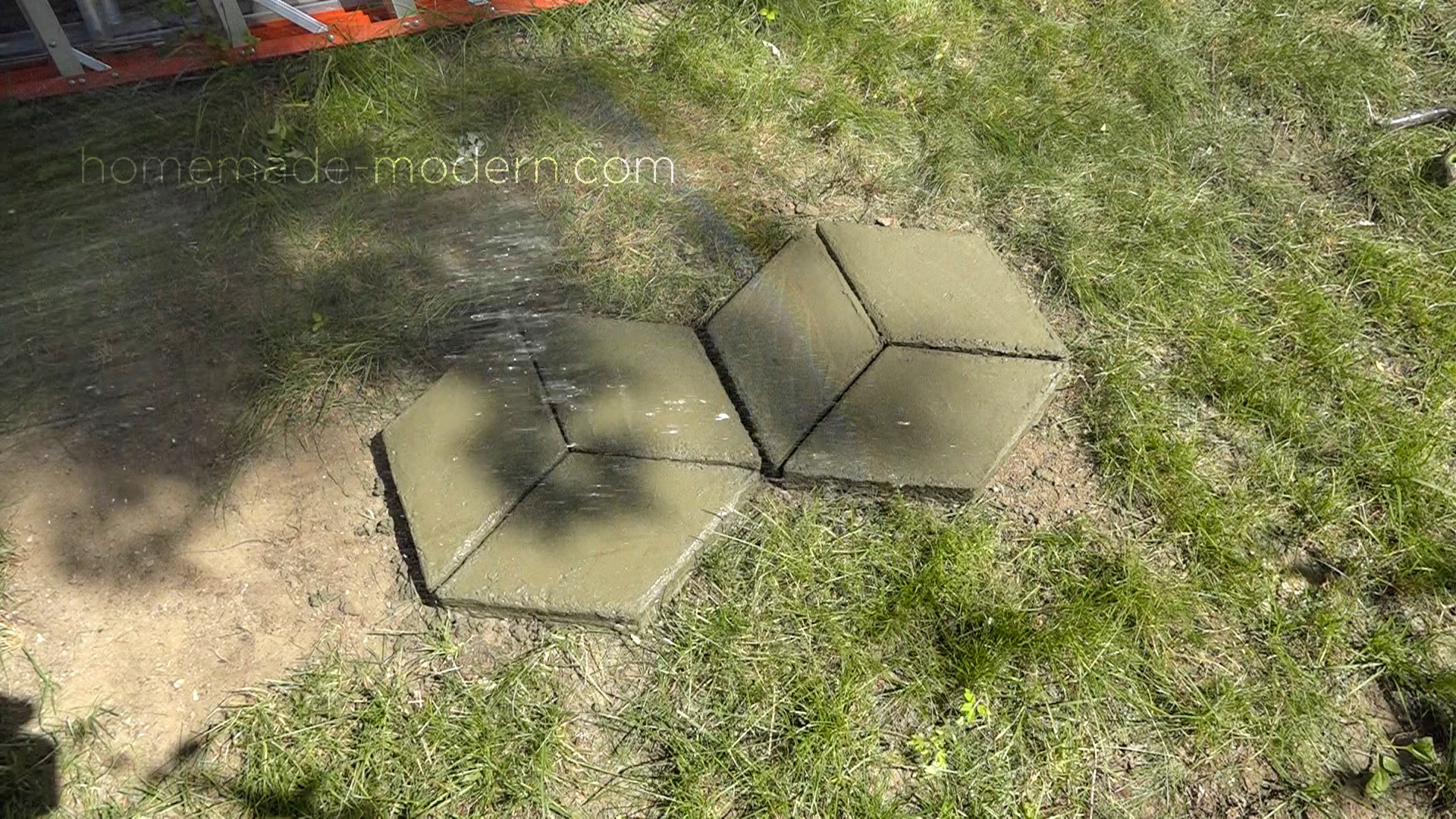 These modular modern concrete pavers was made from Quikrete 5000. The forms for the pieces were made with small CNC machine. For more information go to HomeMade-Modern.com