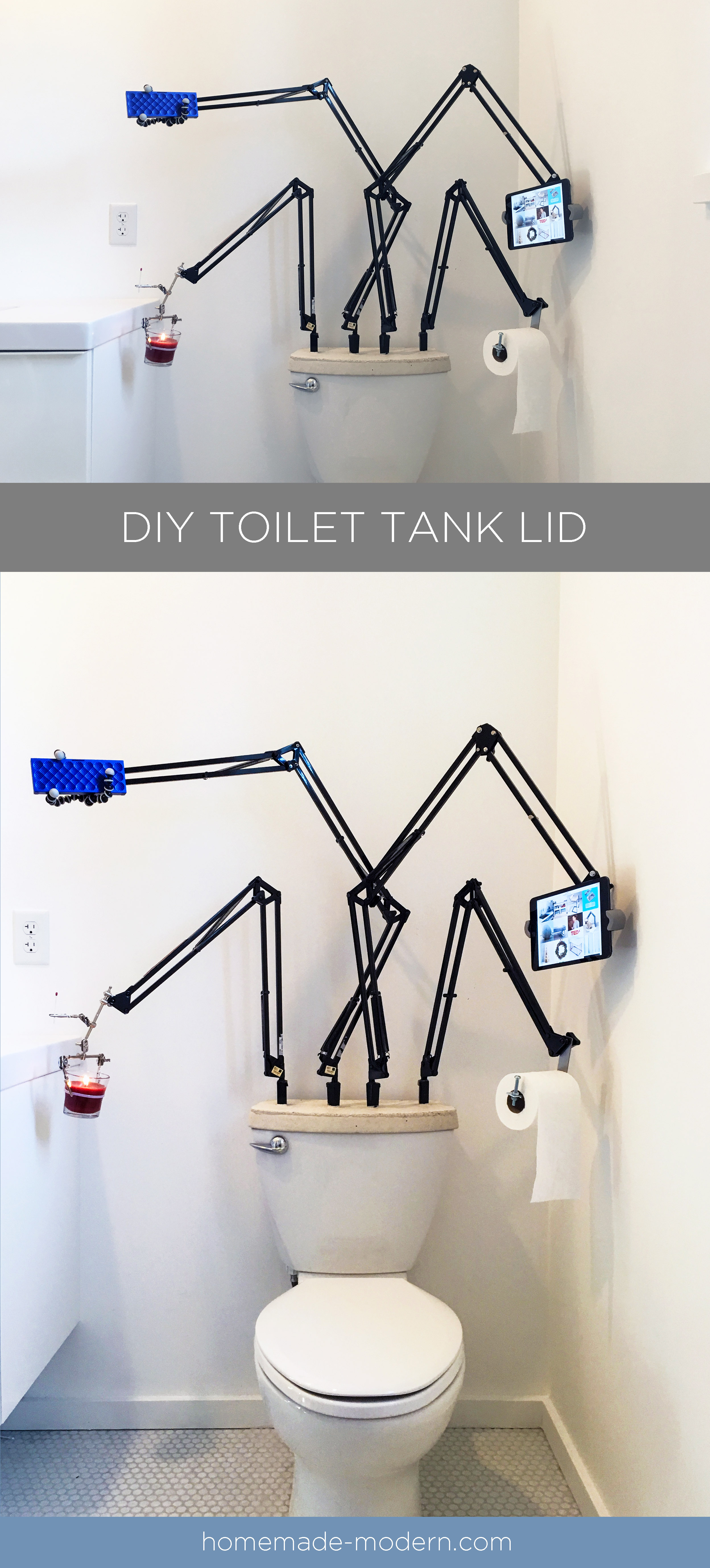 This DIY concrete toilet tank lid was made out of Quikrete countertop mix and some old adjustable lamps. For more information go to HomeMade-Modern.com