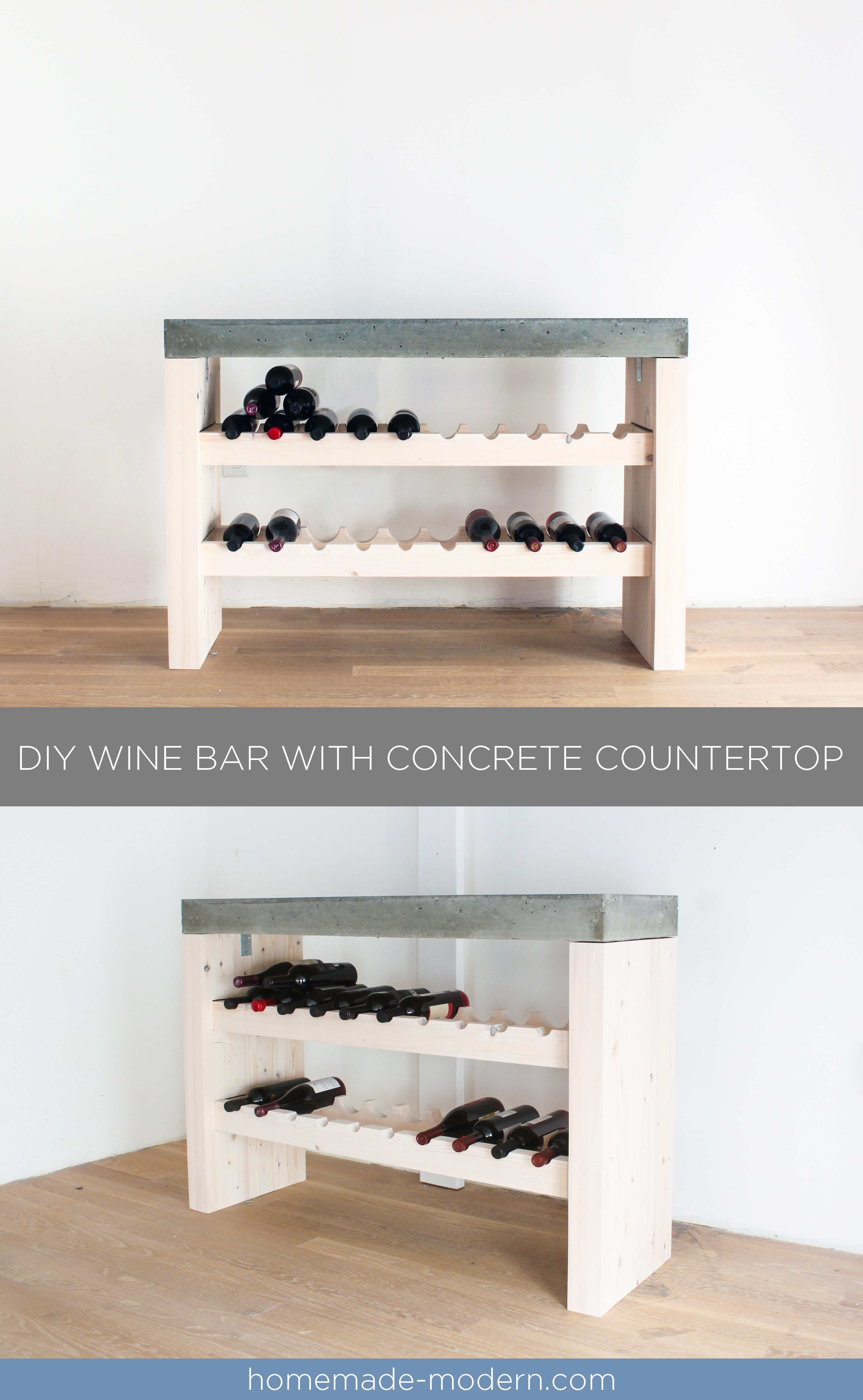 This DIY Wine Bar is made out of 2x4s and Quikrete 5000 concrete mix from Home Depot. Full instructions can be found at HomeMade-Modern.com