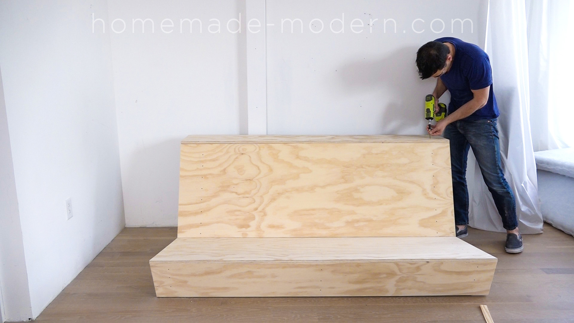 This DIY Zig Zag Sofa was designed specifically for lofts and has a built-in counter along the back. For more information go to HomeMade-Modern.com