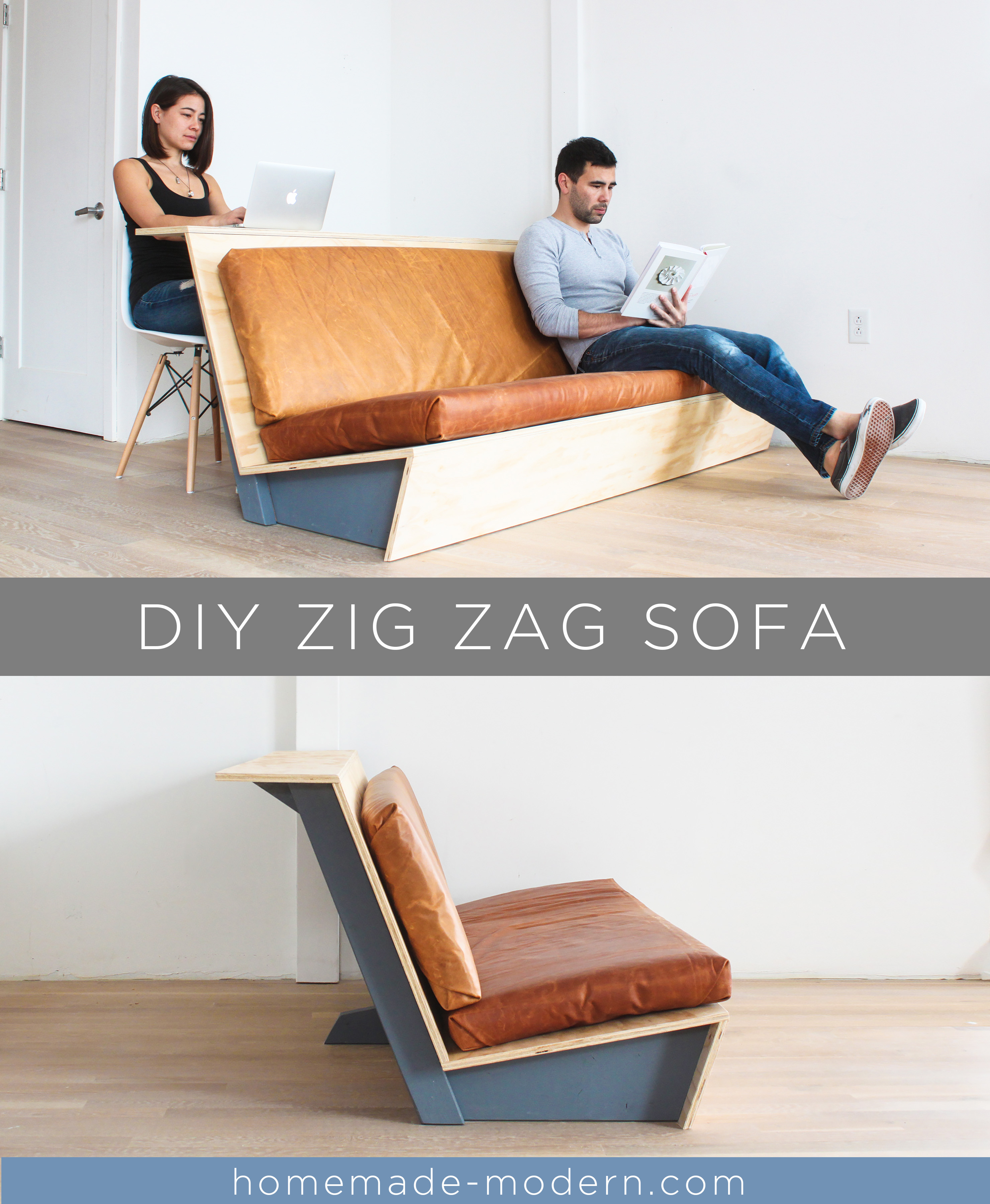 This DIY Zig Zag Sofa was designed specifically for lofts and has a built-in counter along the back. For more information go to HomeMade-Modern.com This DIY Zig Zag Sofa was designed specifically for lofts and has a built-in counter along the back. For more information go to HomeMade-Modern.com