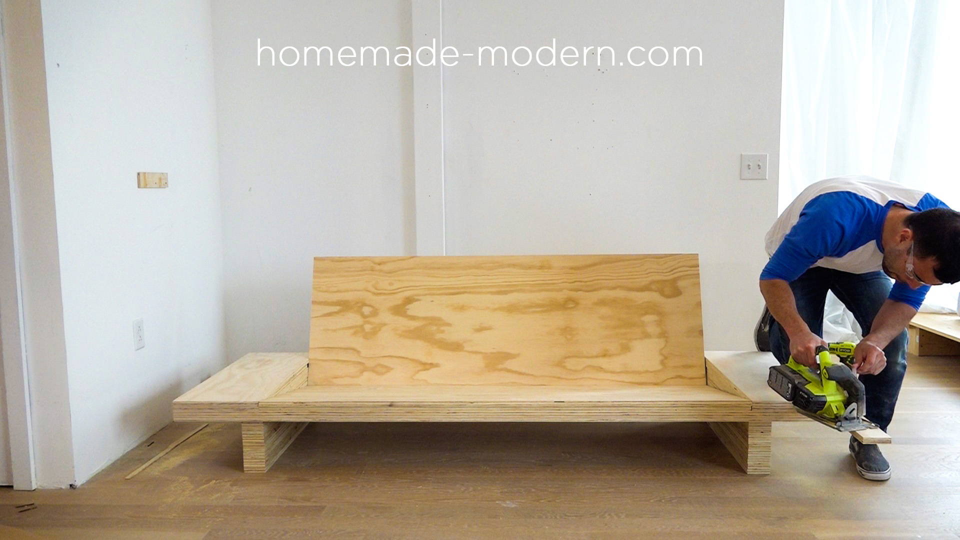 This DIY modern plywood sofa is made out of 2-1/2” sheets of ¾” plywood from Home Depot. Full instructions can be found at HomeMade-Modern.com