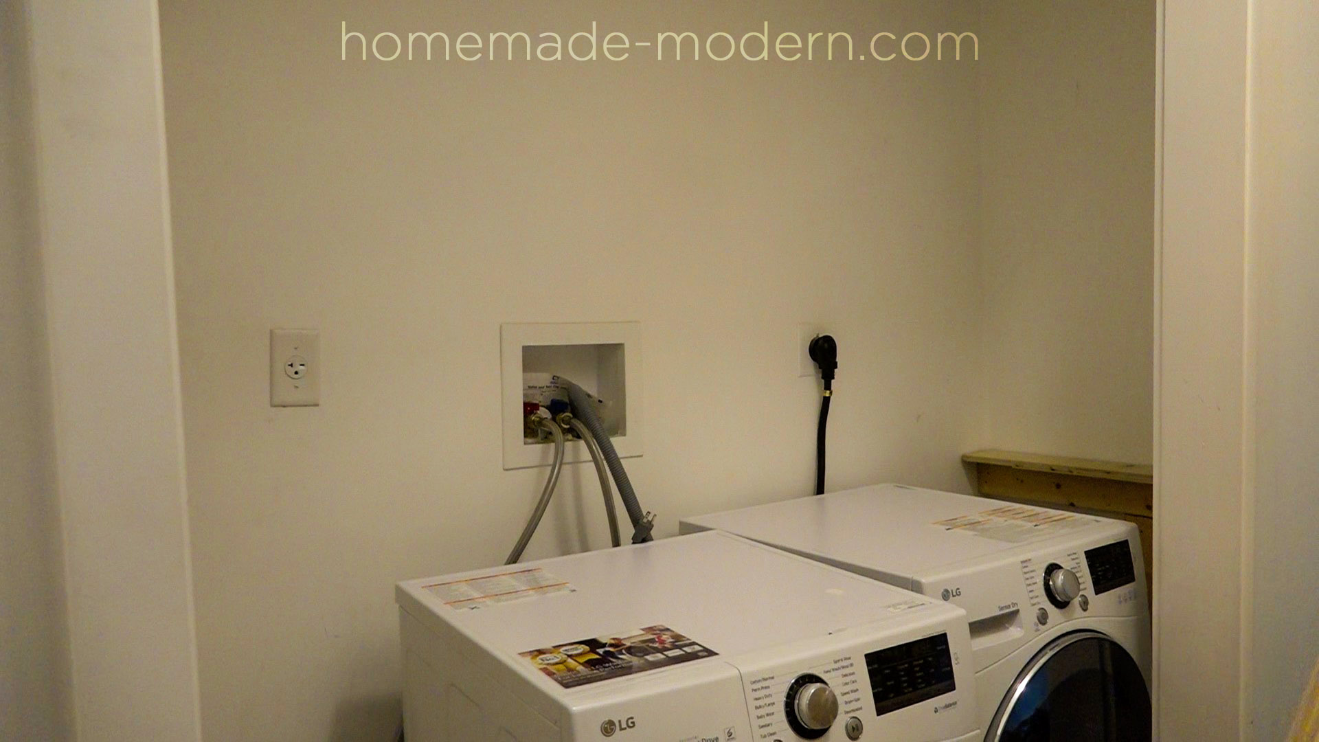 The shelving for this DIY Laundry Room was made out ¾” plywood from Home Depot. Everything was designed it so that it only requires a circular saw, a drill and less than $150 worth of materials. Full instructions can be found at HomeMade-modern.com