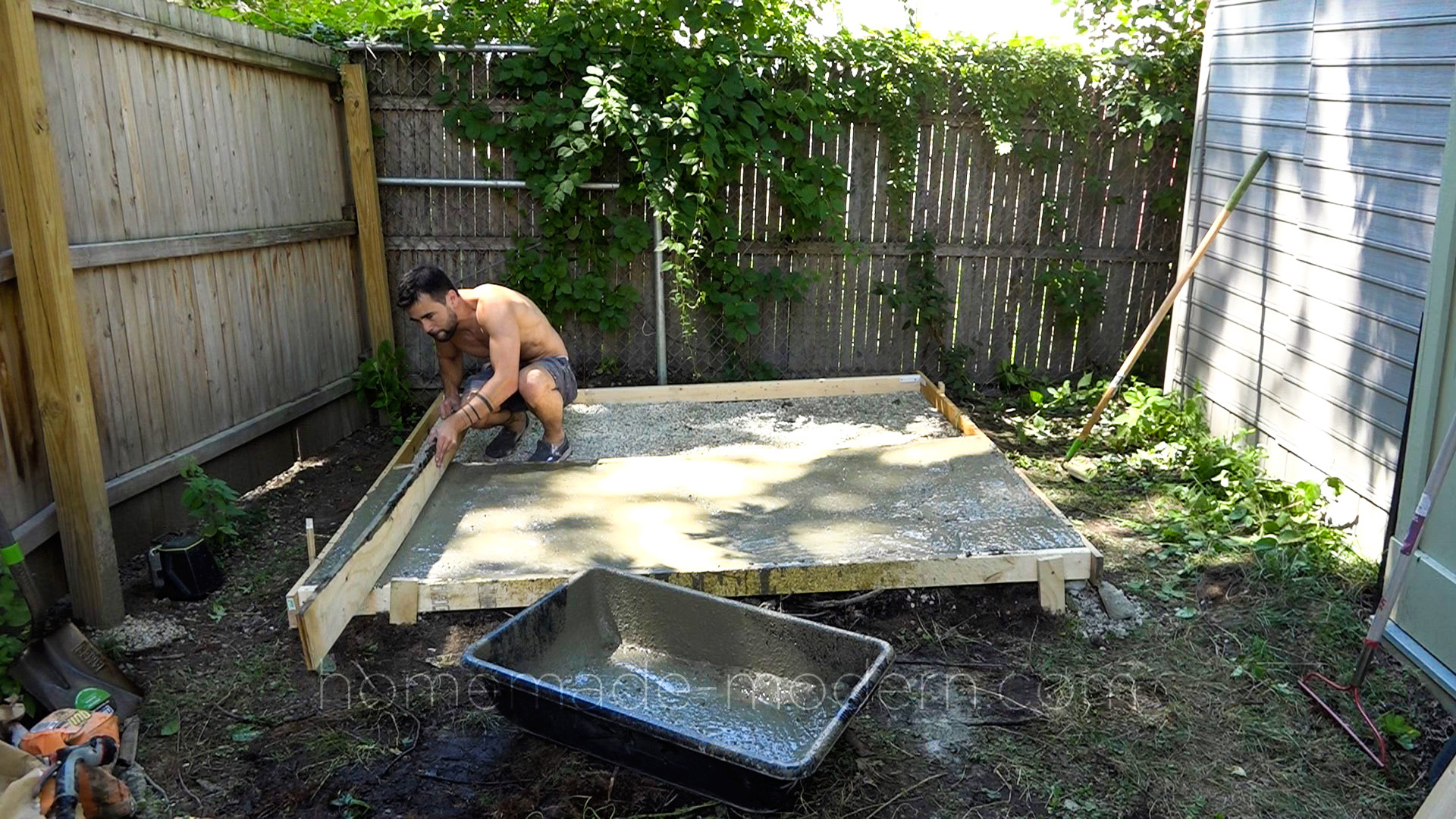 Ben Uyeda builds a concrete slab foundation for a tool shed. For more information go to HomeMade-Modern.com