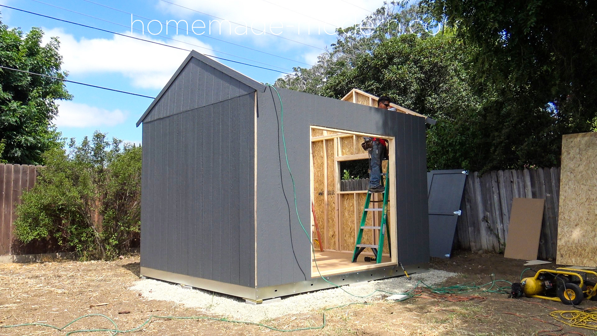 This off-the-grid solar powered workshop was made by retrofitting a prefabricated shed from TuffShed with a 400watt solar kit also from Home Depot. For more information go to HomeMade-Modern.com