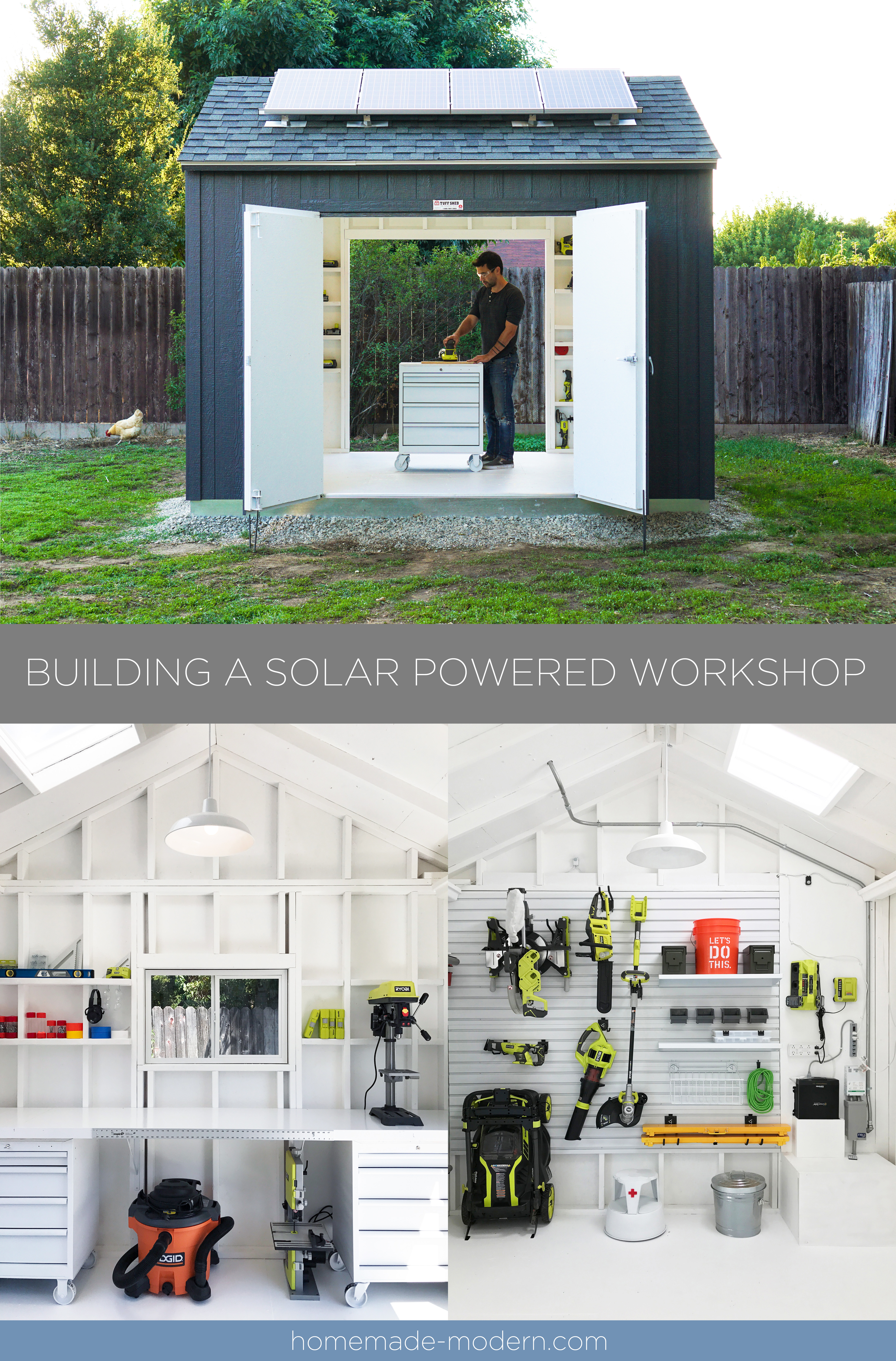 This off-the-grid solar powered workshop was made by retrofitting a prefabricated shed from TuffShed with a 400watt solar kit also from Home Depot. For more information go to HomeMade-Modern.com