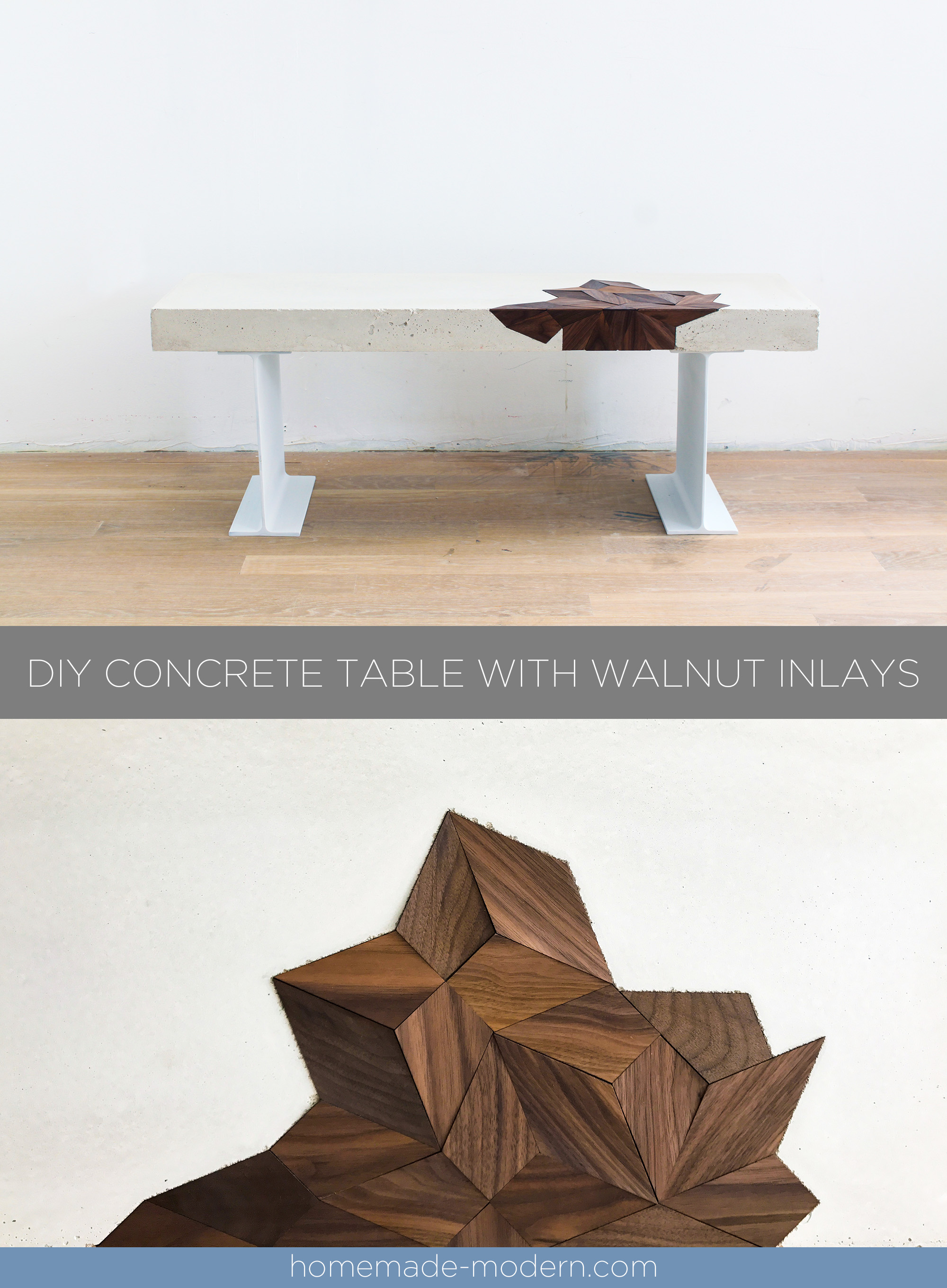 This white concrete table has a laser cut walnut inlay and was designed by Ben Uyeda. For more information go to HomeMade-Modern.com