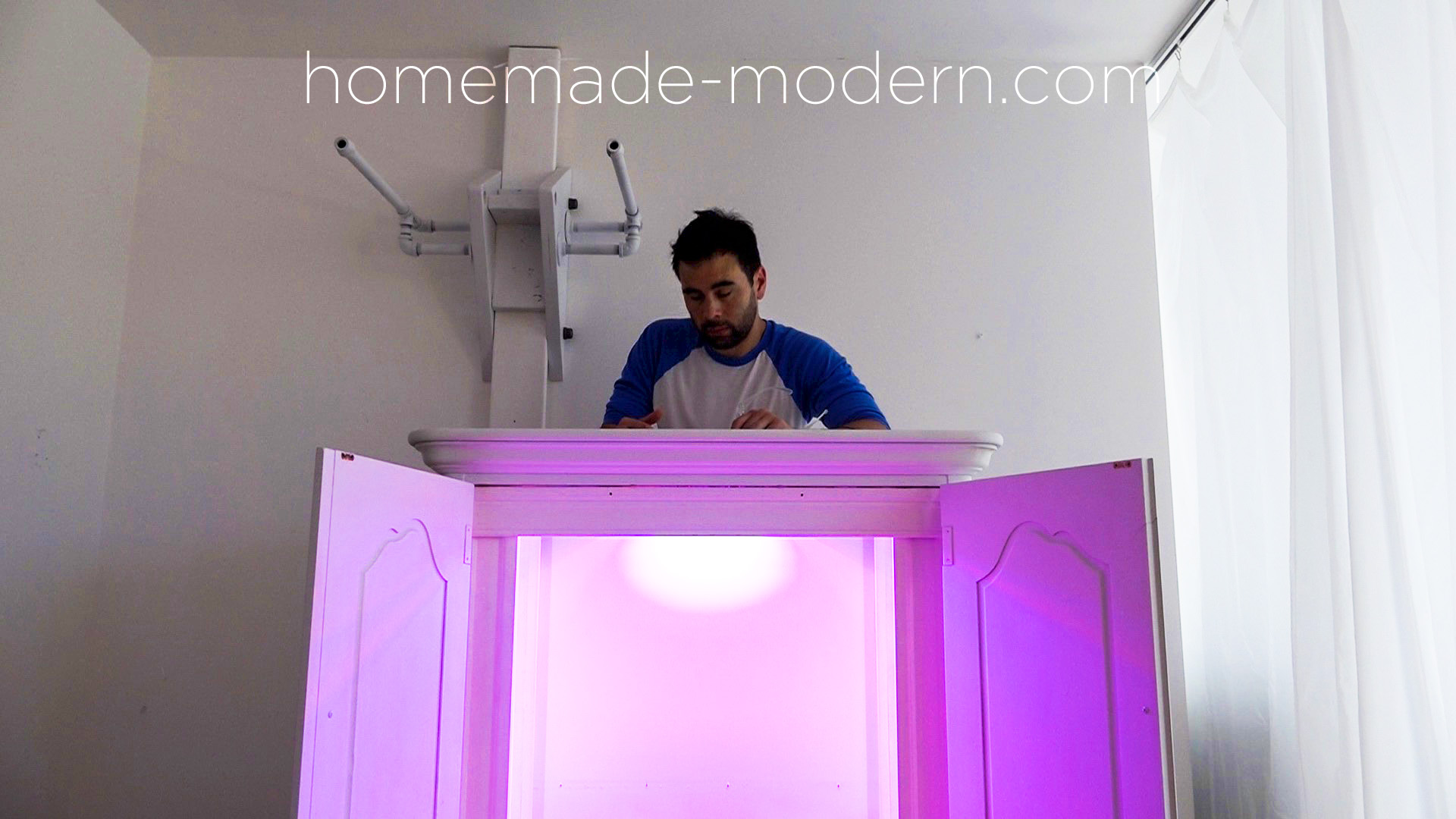 This writing desk was built inside of a wardrobe and has LED grow lights that provide light for real the real plants growing inside. This is one of Ben Uyeda workspace projects where he explores ideas of how to foster creativity during repetitive tasks. For more information go to HomeMade-Modern.com