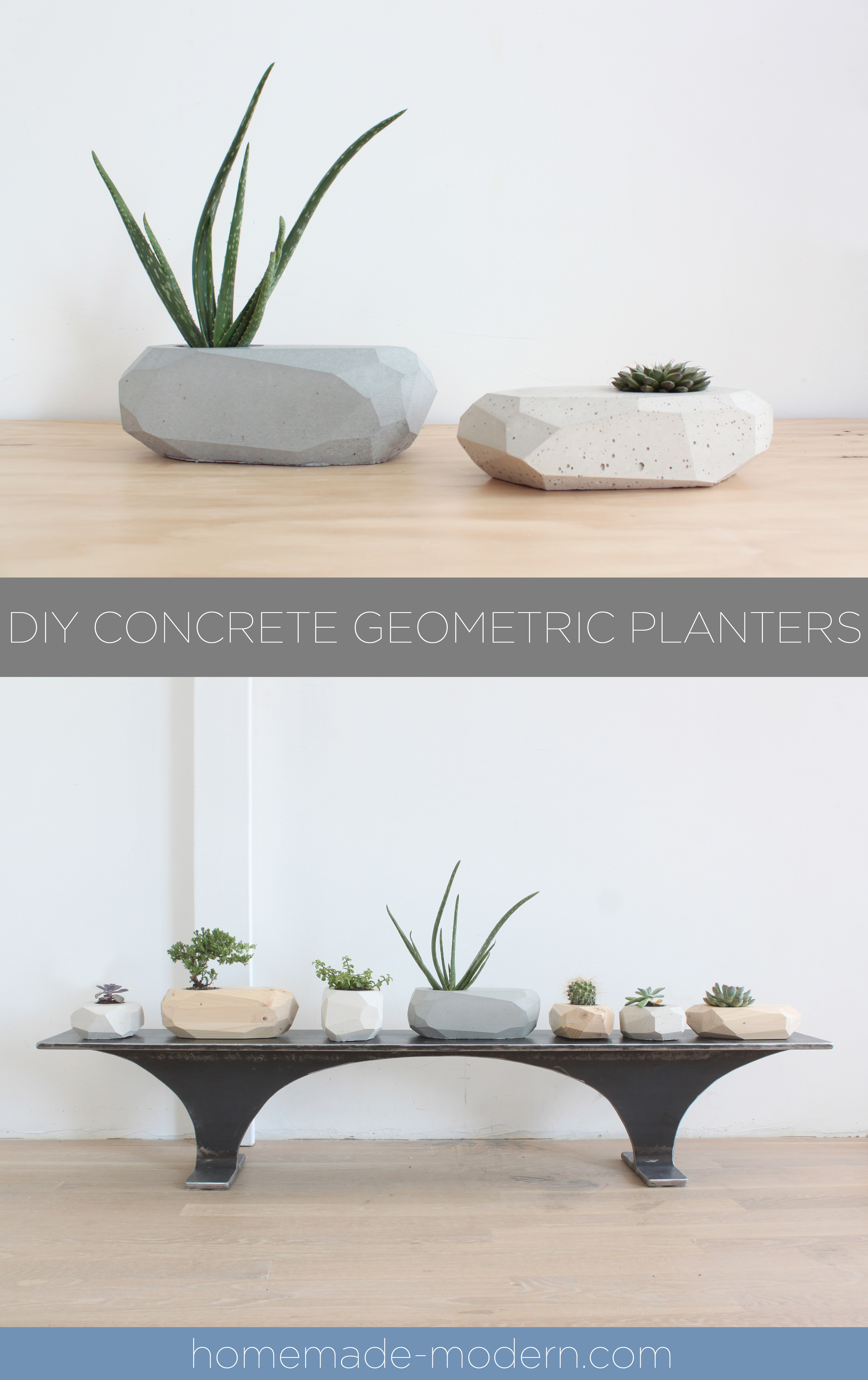 These geometric planters were cast out of concrete using reusable molds made out of silicone. For more information on this project and on DIY concrete countertops go to HomeMade-Modern.com